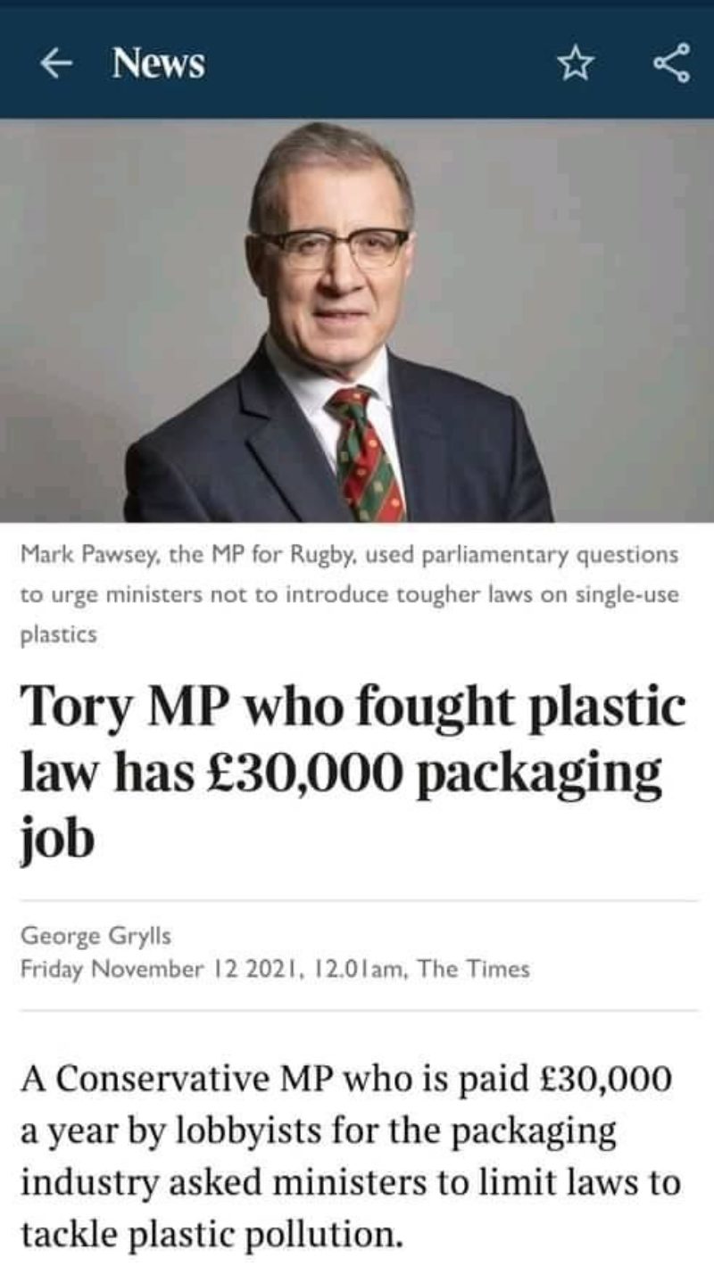 Mark Pawsey MP who fought plastic laws has £30K packaging industry Job.